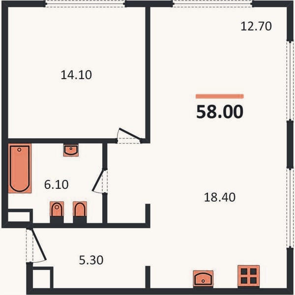 Планировка: 1-к, 58 м²