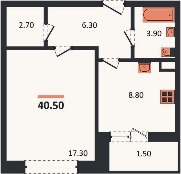 Планировка: 1-к, 40,5 м²