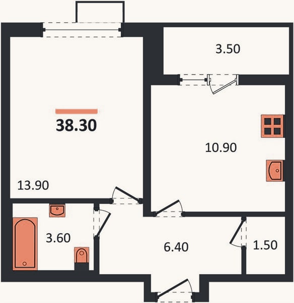 Планировка: 1-к, 38,3 м²