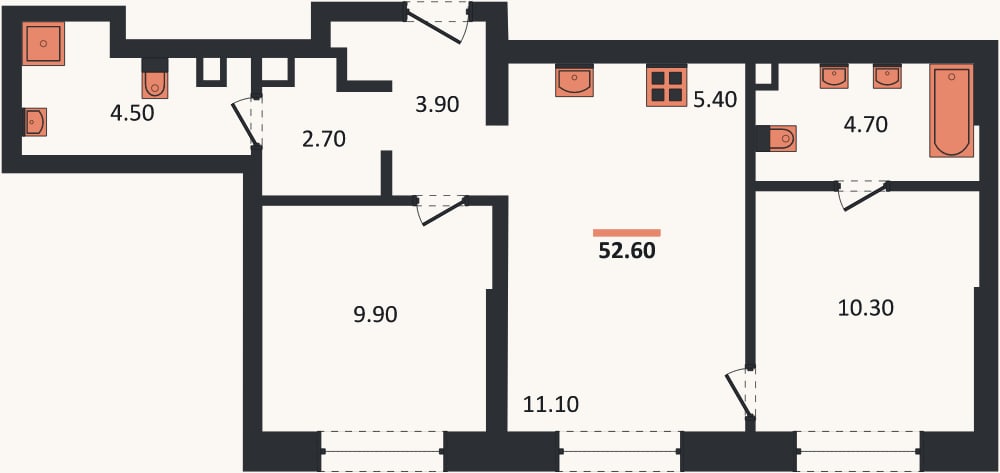 Планировка: 2-к, 52,6 м²