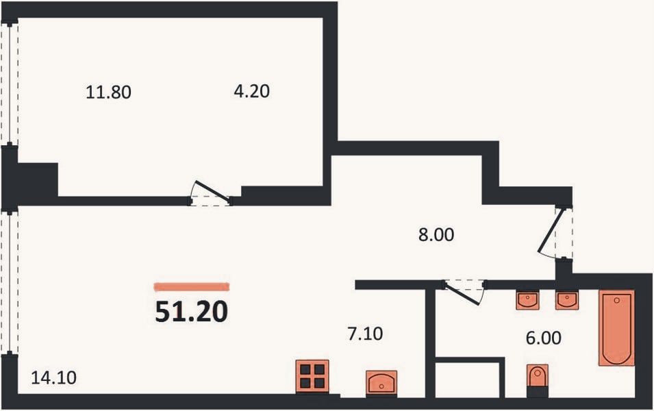 Планировка: 1-к, 51,2 м²