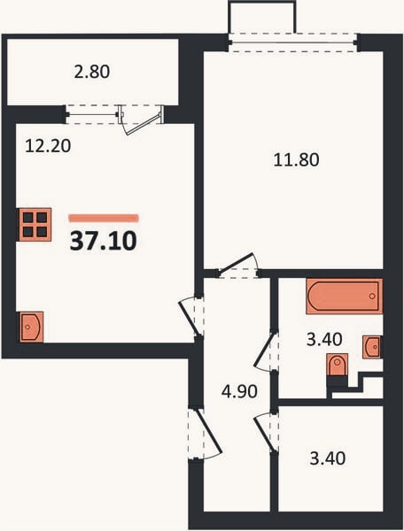 Планировка: 1-к, 37,1 м²