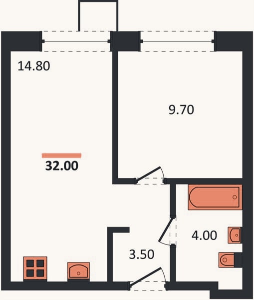 Планировка: 1-к, 32 м²