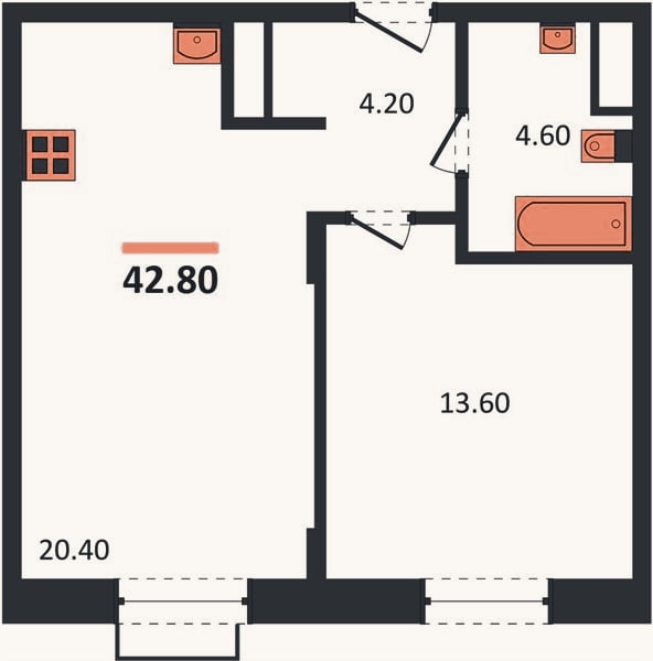 Планировка: 1-к, 42,8 м²