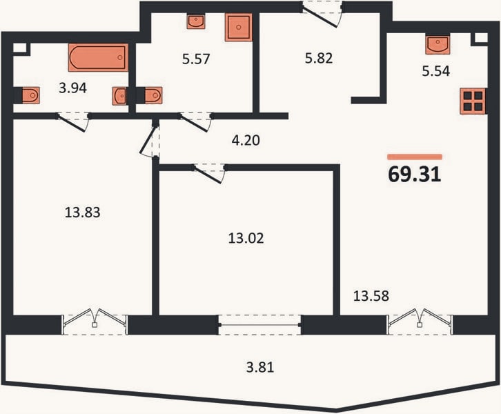 Планировка: 2-к, 69,3 м²