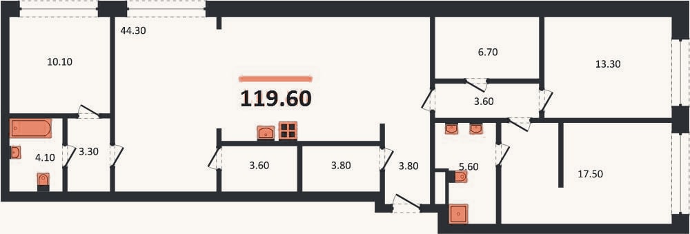 Планировка: 3-к, 119,6 м²
