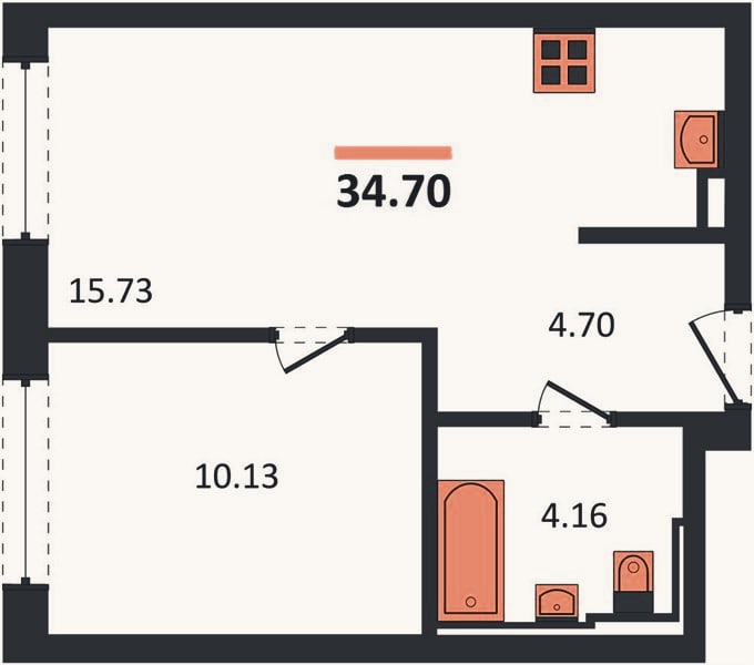 Планировка: 1-к, 34,7 м²