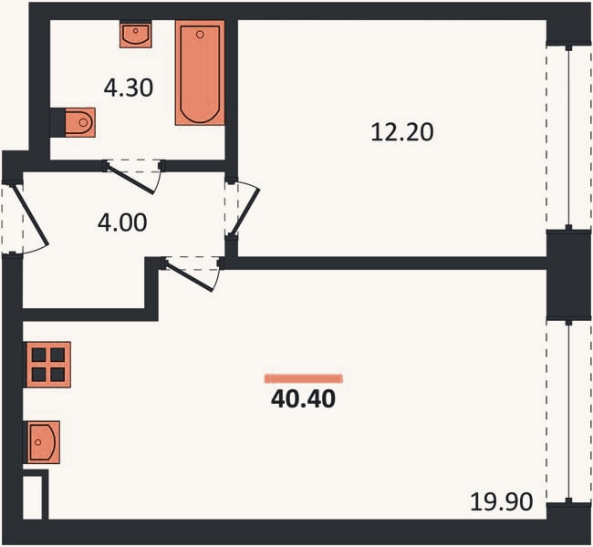 Планировка: 1-к, 40,4 м²