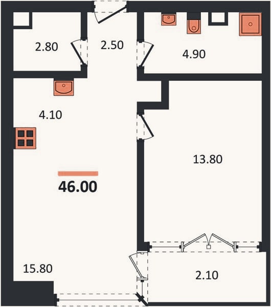 Планировка: 1-к, 46 м²