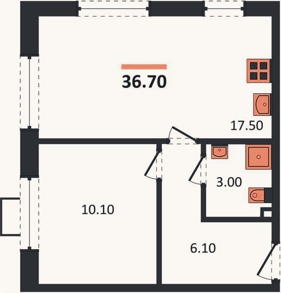 Планировка: 1-к, 36,7 м²