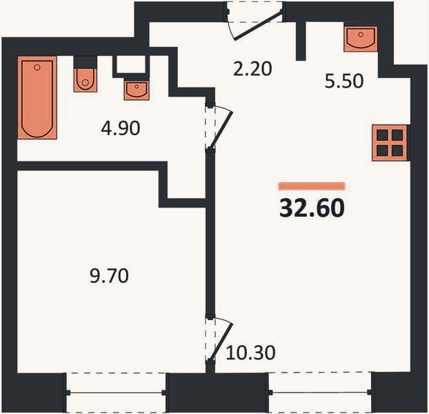 Планировка: 1-к, 32,6 м²