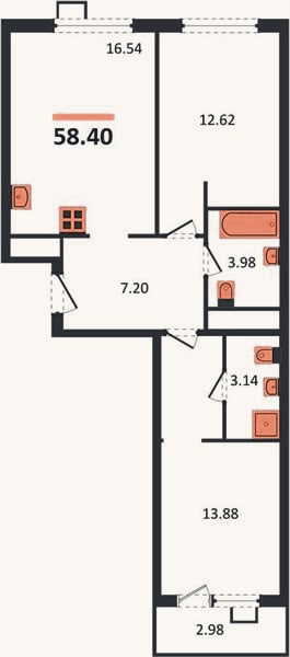 Планировка: 2-к, 58,4 м²