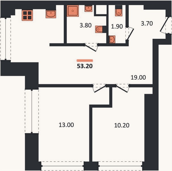 Планировка: 2-к, 53,2 м²