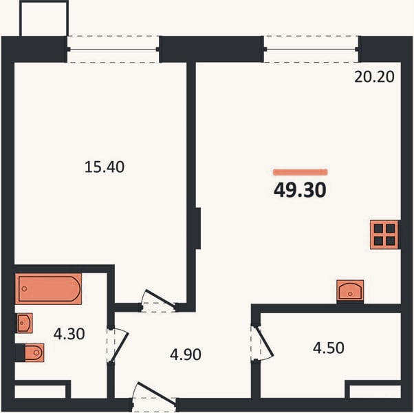 Планировка: 1-к, 49,3 м²