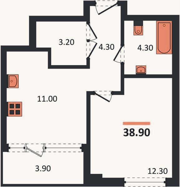 Планировка: 1-к, 38,9 м²
