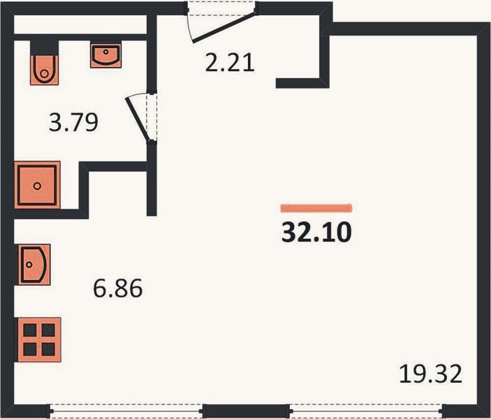 Планировка: Студия, 32,1 м²