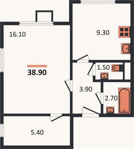 Планировка: 1-к, 38,9 м²