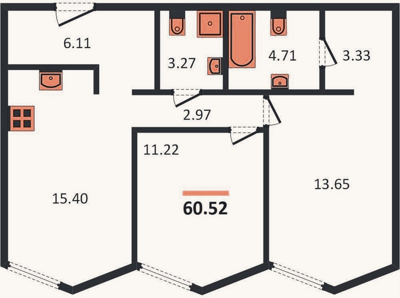 Планировка: 2-к, 60,5 м²