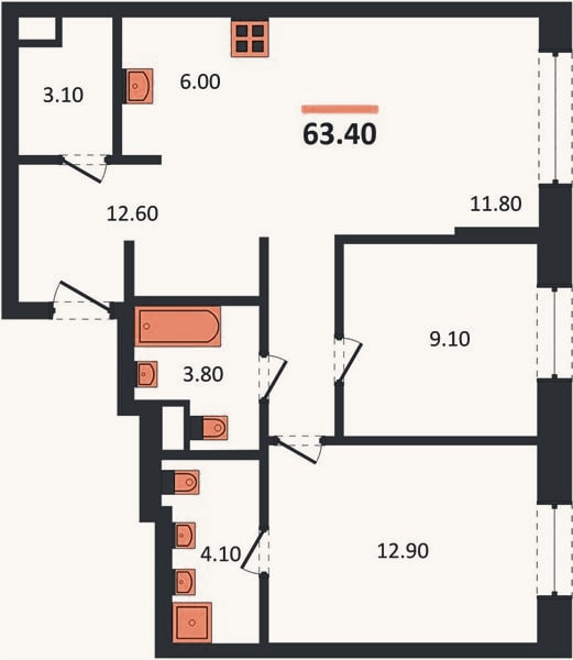Планировка: 2-к, 63,4 м²