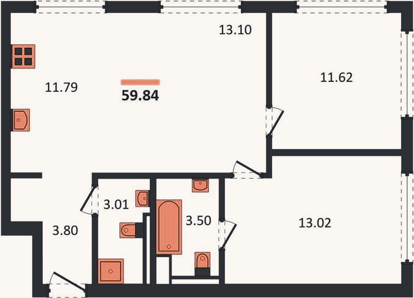 Планировка: 2-к, 59,8 м²