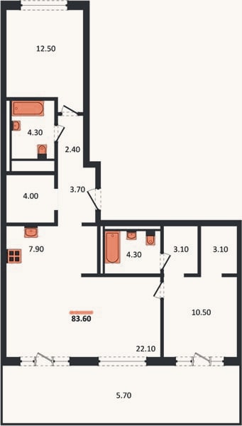 Планировка: 2-к, 83,6 м²