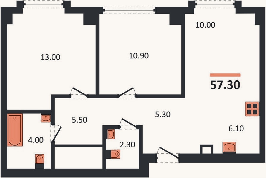 Планировка: 2-к, 57,3 м²