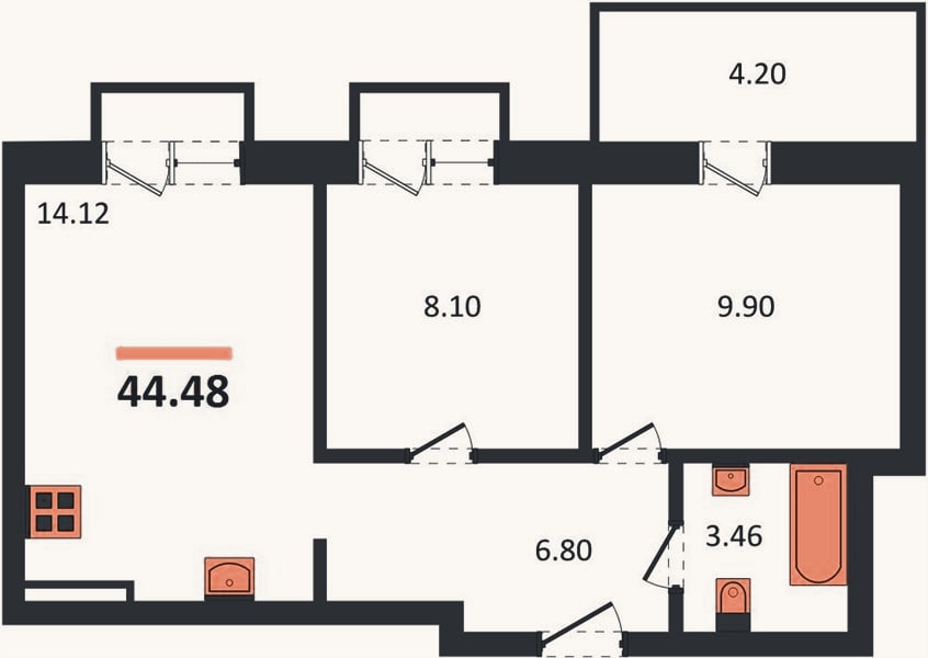 Планировка: 2-к, 44,5 м²