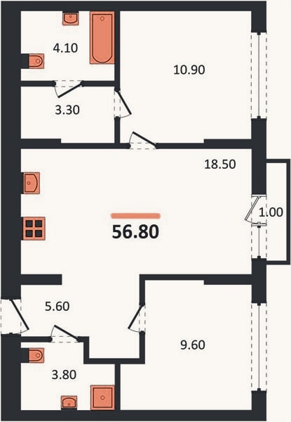 Планировка: 2-к, 56,8 м²