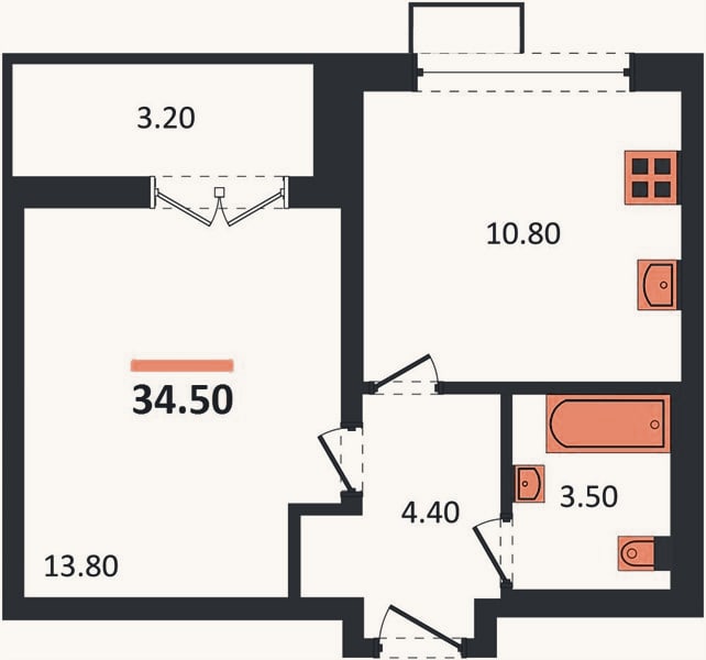 Планировка: 1-к, 34,5 м²