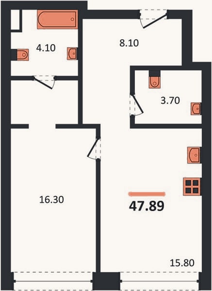 Планировка: 1-к, 47,9 м²