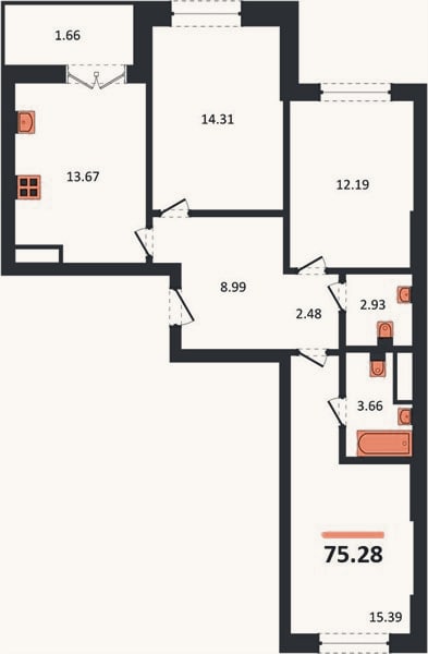 Планировка: 3-к, 75,3 м²
