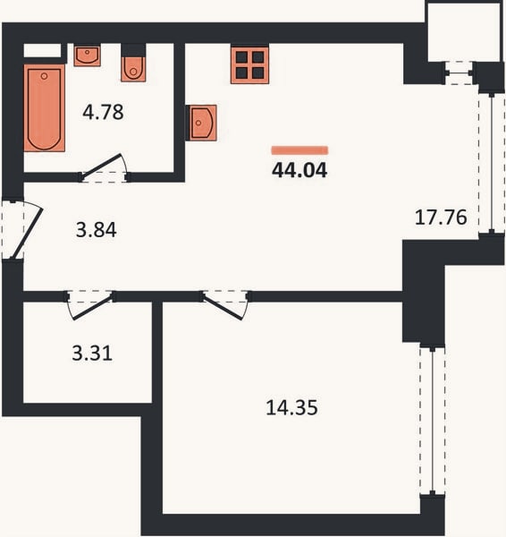 Планировка: 1-к, 44 м²