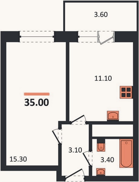 Планировка: 1-к, 35 м²