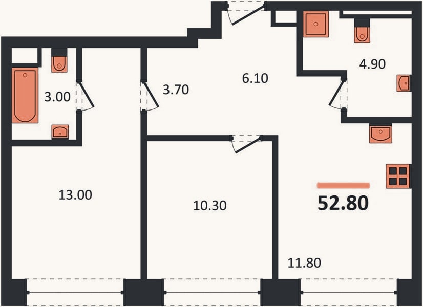 Планировка: 2-к, 53,5 м²