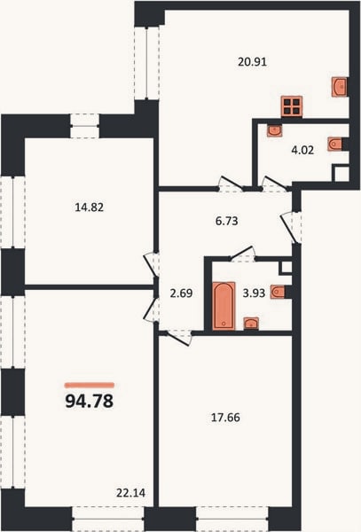 Планировка: 3-к, 94,8 м²