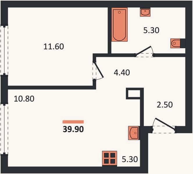 Планировка: 1-к, 39,9 м²