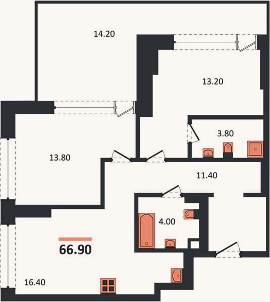 Планировка: 2-к, 66,9 м²