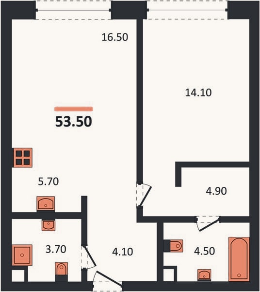 Планировка: 1-к, 53,5 м²
