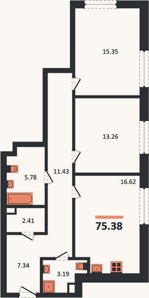 Планировка: 2-к, 75,4 м²