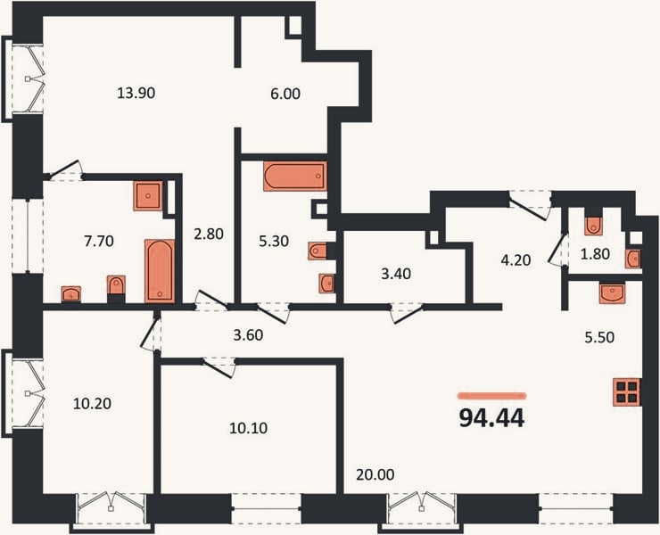 Планировка: 3-к, 94,4 м²