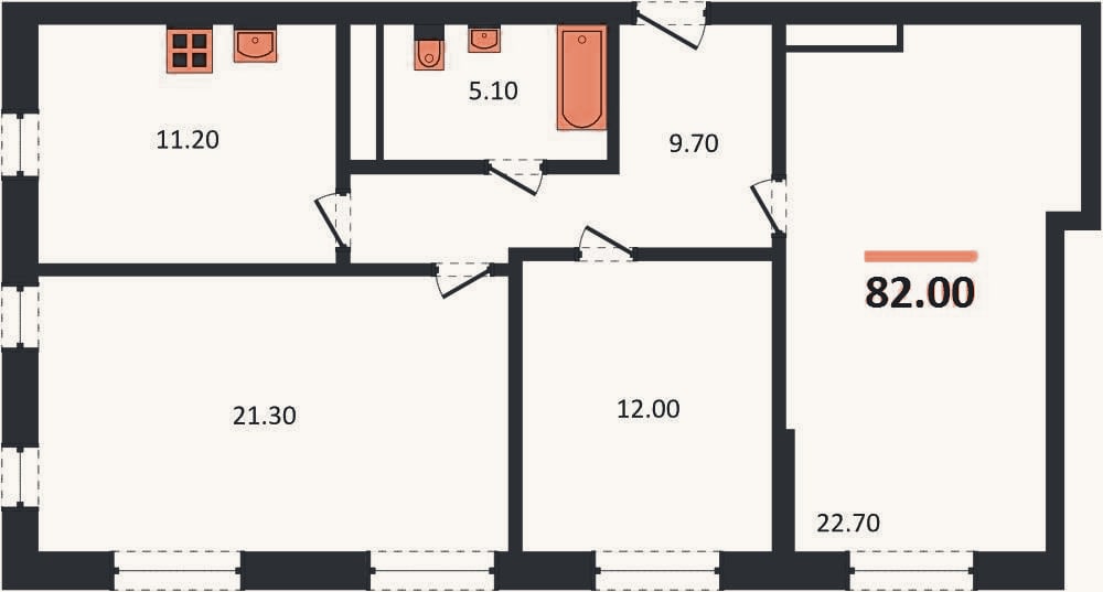 Планировка: 3-к, 82 м²