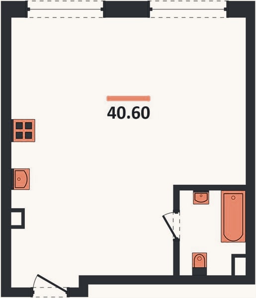 Планировка: 1-к, 40,6 м²