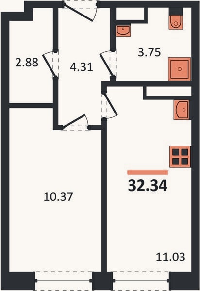 Планировка: 1-к, 32,3 м²