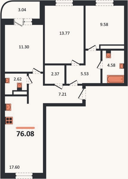 Планировка: 3-к, 76,1 м²