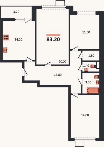 Планировка: 3-к, 83,2 м²
