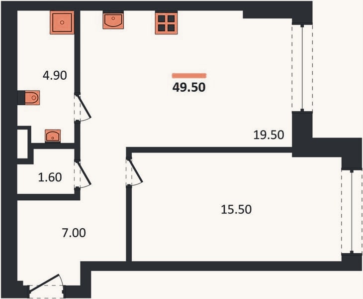 Планировка: 1-к, 49,5 м²