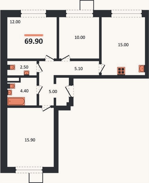 Планировка: 3-к, 69,9 м²