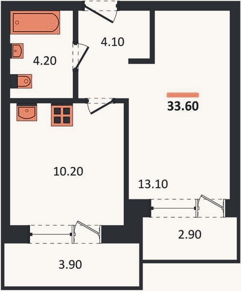 Планировка: 1-к, 33,6 м²