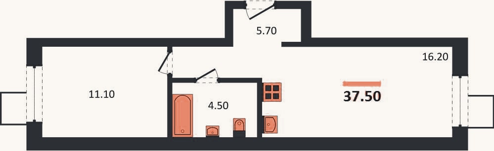 Планировка: 1-к, 37,5 м²