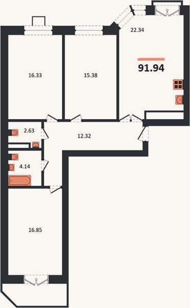 Планировка: 3-к, 91,9 м²